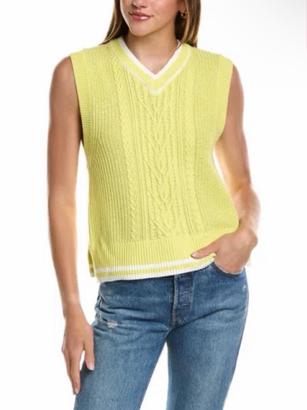 French Connection Mozart Cable Sleeveless Tank Top Yellow White Cotton M NWT